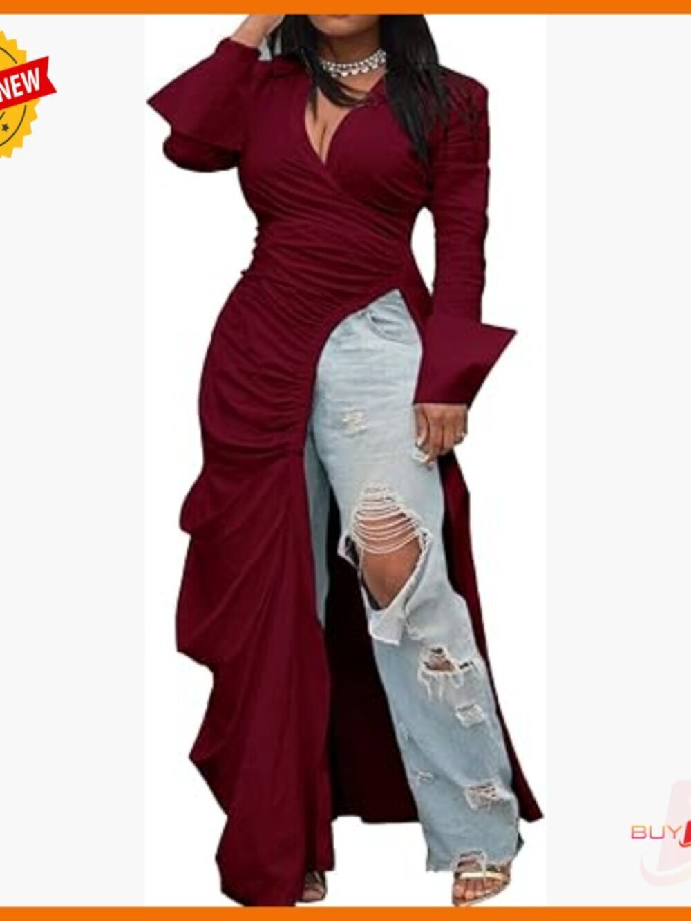 Long Sleeve Deep V Neck Ruched Asymmetrical Hem Tunic Blouse Top